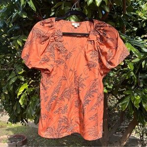 WHIT NEW YORK Orange silk v neck botanical print short sleeve blouse shirt